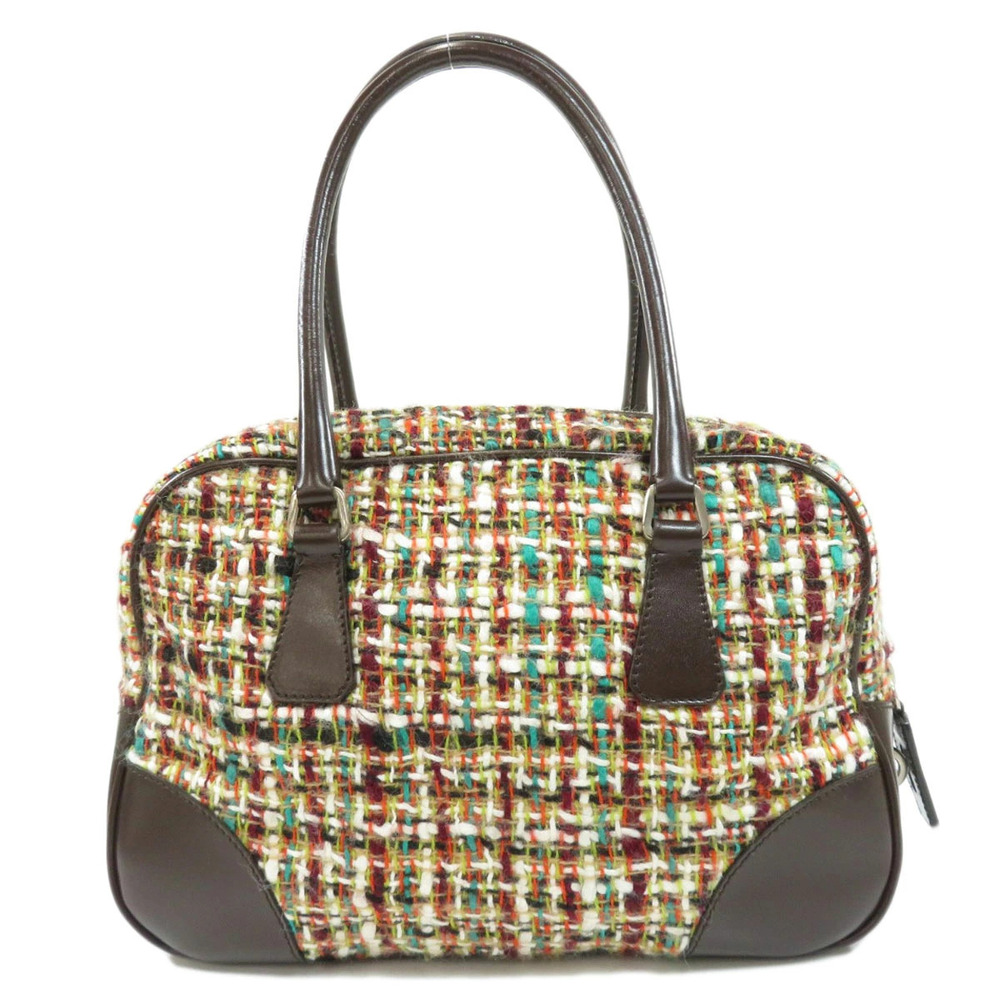 Prada brown bag leather tweed mutlicolor woven bowling Tweed Brown